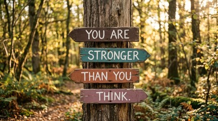 Naklejka premium Motivational wooden signs displaying You are stronger than you think on a tree in a sunlit forest