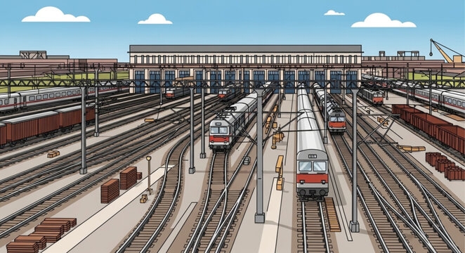 Busy train station with multiple tracks and trains.