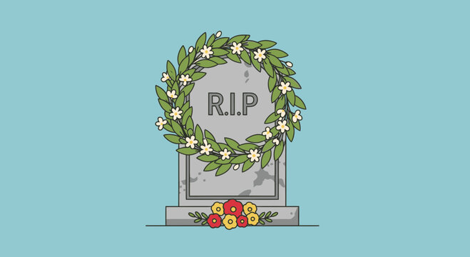 RIP Gravestone with Floral Wreath and Flowers, Blue Background
