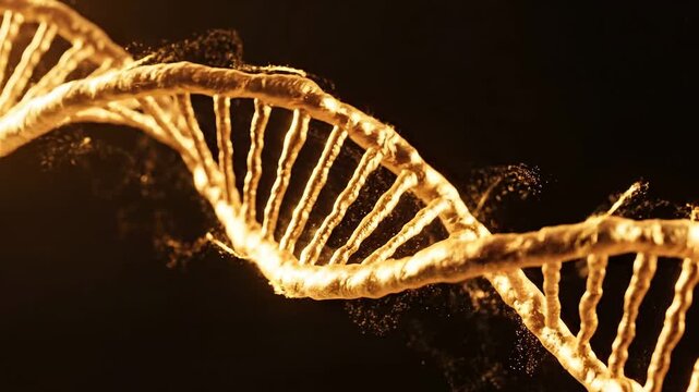 Golden DNA double helix structure, molecular biology concept, genetic code, biotechnology research 4k video ai
