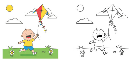 Naklejka premium Cute little boy running and flying a kite on a sunny day. Colorful vector illustration and black outline line art coloring page for kids.