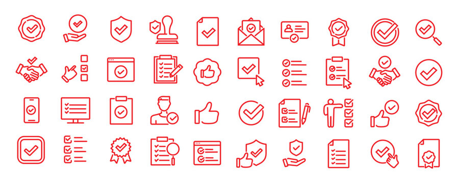Checkmark and Approved web icon set in line style. Checklist, accepted, stamp, accept, agree, quality control, collection. Editable stroke. Vector illustration.