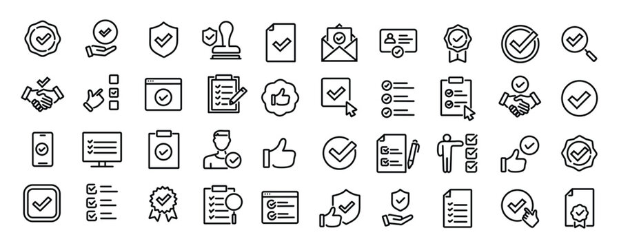 Checkmark and Approved web icon set in line style. Checklist, accepted, stamp, accept, agree, quality control, collection. Editable stroke. Vector illustration.