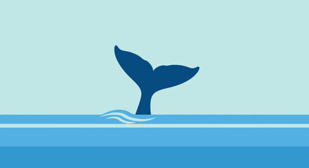 Blue Whale Tail Fin Diving into Ocean Water with Waves - Minimalist Vector © Azrha