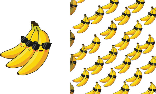 Cute cartoon banana character vector set wearing sunglasses and a seamless pattern for summer party themes, tropical fruit fabric design, and playful food stickers isolated on white.