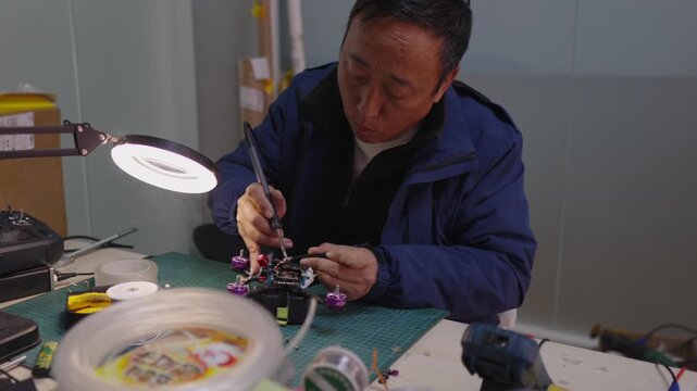 Asian man carefully soldering small electronic components onto circuit board under a magnifying lamp, working in a professional electronics laboratory environment