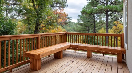 Obraz premium Wooden deck with built-in bench providing forest view