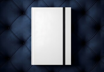 Naklejka premium Top view of a white blank hardcover notebook with a black elastic band closure placed on a dark blue tufted leather or velvet upholstered surface with decorative buttons.