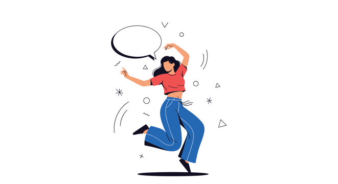 Energetic woman dancing and jumping with happiness while a speech bubble above her head indicates a moment of creative expression and excitement.