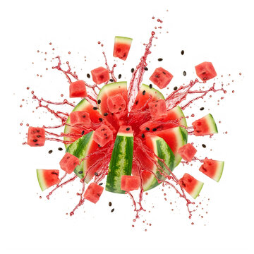 Fresh red watermelon fruit exploding into slices and juice splashes isolated on transparent background