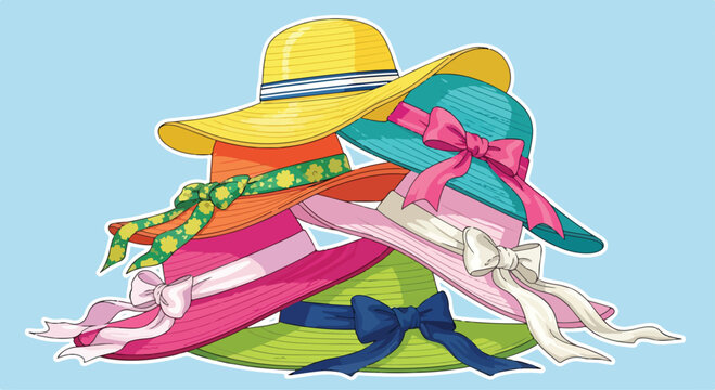 A stack of colorful hats with ribbons
