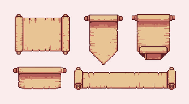 Pixel Art Manuscript Template Set, Papyrus Scroll Collection with Blank Paper Sheets, 8 Bit Sprite Style for Game Development and Mobile Apps, Isolated Vector Illustration