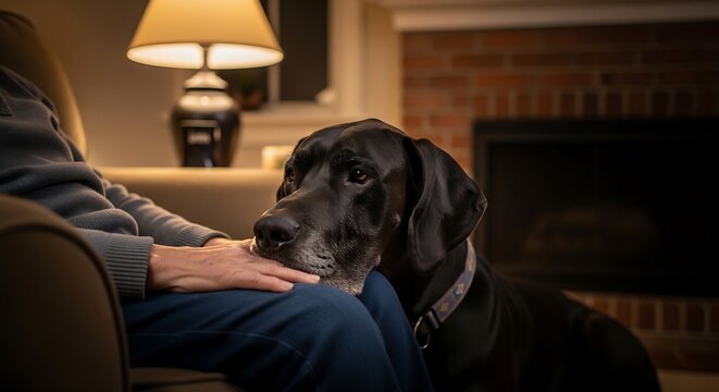 Great dane resting on a human lap indoors