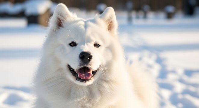 Happy samoyed dog portrait in snow