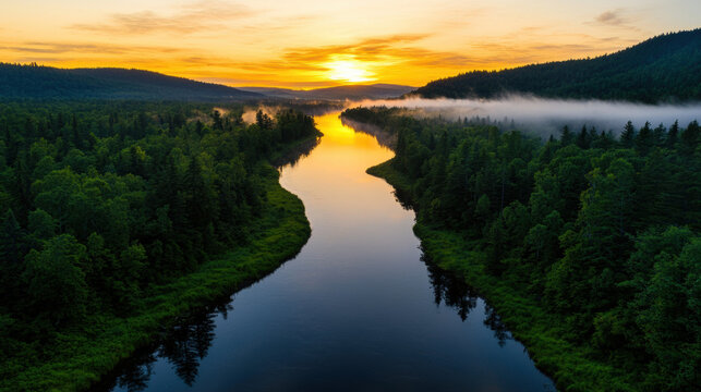 River sunset forest wilderness mist valley reflection landscape, quiet narrow waterway winding through untouched hills, golden sky, calm mood