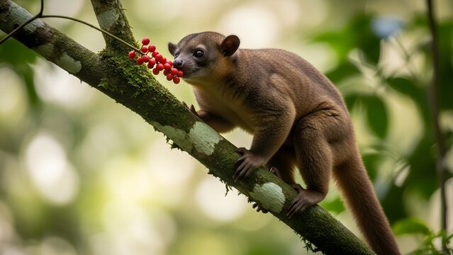 a kinkajou climbing among high rainforest branches, long prehensile tail wrapped securely, sniffing bright red berries with curious expression, glossy caramel fur illuminated by dappled sunlight
