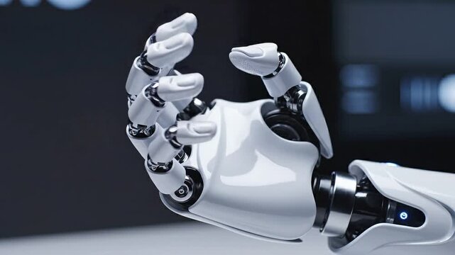 Robotic hand, futuristic technology, white mechanical limb, artificial intelligence 4k video ai