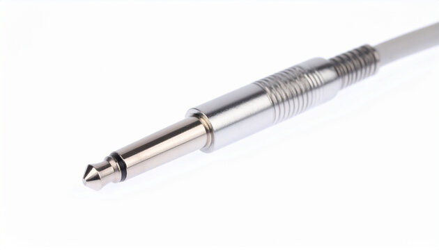 Silver 6.35mm TS audio connector with smooth metallic finish on white background