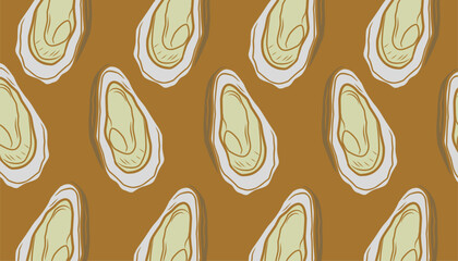 Oyster Seamless Pattern. Handdrawn Shell Seafood Illustration. Marine Coastal Background for Packaging Textile Design © Zayyan 