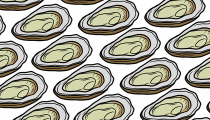 Oyster Seamless Pattern. Handdrawn Shell Seafood Illustration. Marine Coastal Background for Packaging Textile Design © Zayyan 