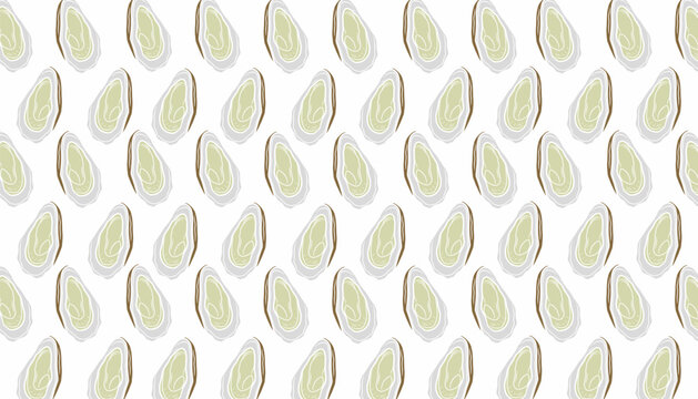 Oyster Seamless Pattern. Handdrawn Shell Seafood Illustration. Marine Coastal Background for Packaging Textile Design