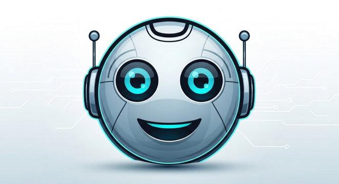 Smiling robot face with glowing blue eyes and headphones on white background futuristic ai technology concept
