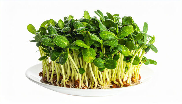 Side view of a generous serving of sunflower microgreens on a white plate