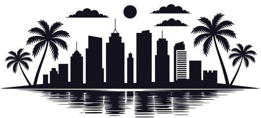 Obraz premium Miami Skyline Silhouette Vector with Palm Trees and High Rise Beach Buildings, Modern Cityscape Outline for Travel, Tourism, Summer Design, and Coastal Urban Illustration