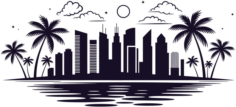Miami Skyline Silhouette Vector with Palm Trees and High Rise Beach Buildings, Modern Cityscape Outline for Travel, Tourism, Summer Design, and Coastal Urban Illustration