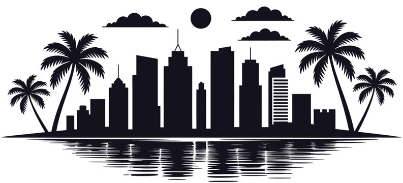 Miami Skyline Silhouette Vector with Palm Trees and High Rise Beach Buildings, Modern Cityscape Outline for Travel, Tourism, Summer Design, and Coastal Urban Illustration