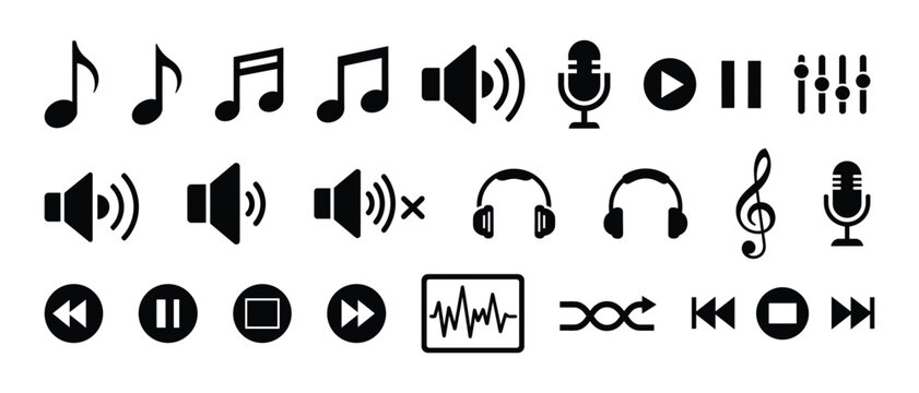 Set of black music and audio icons