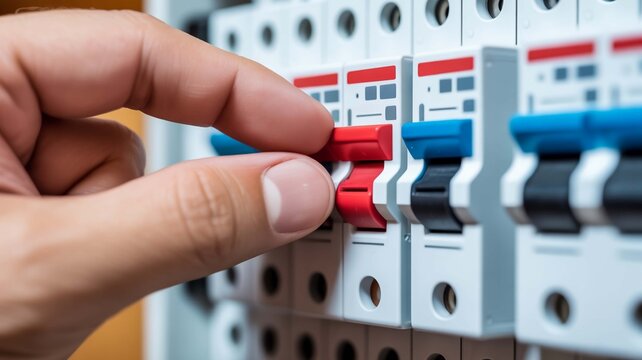 Close-up of a hand engaging a red circuit breaker switch within a power distribution panel, highlighting essential electrical safety, energy control, and system management