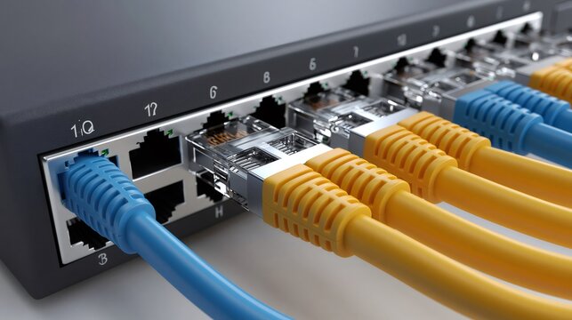 Network switch with ethernet cables connecting devices