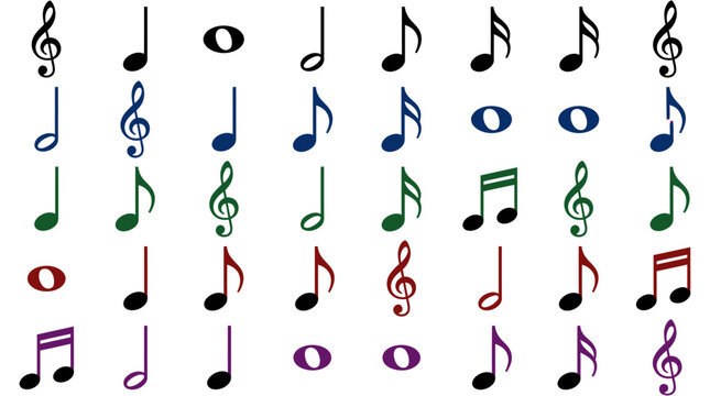 Vibrant musical note silhouette collection showcasing diverse graphic symbols in a spectrum of colors for creative design projects