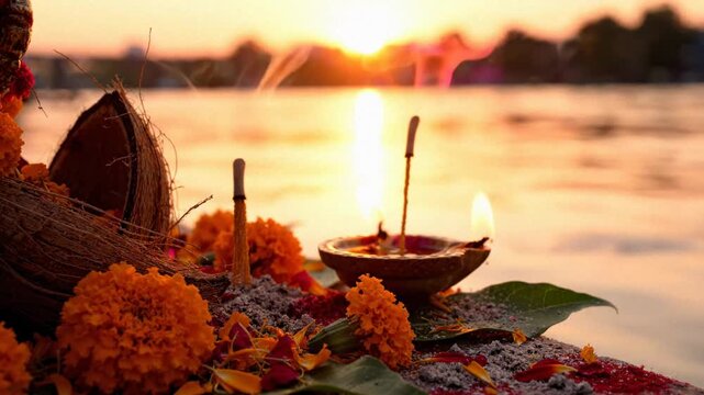 Spiritual ganga dussehra ritual with burning diya and flowers at sunset by the holy ganges river.