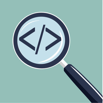 Magnifying Glass Examining Code Tags for Web Development and Programming.