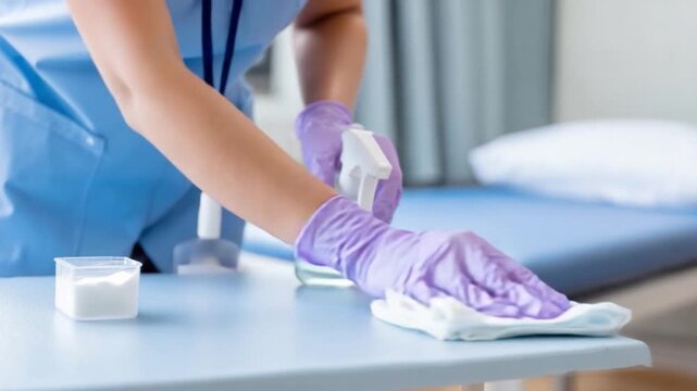 Hygiene and Care: A dedicated healthcare worker in medical scrubs meticulously sanitizes a surface with cleaning equipment.