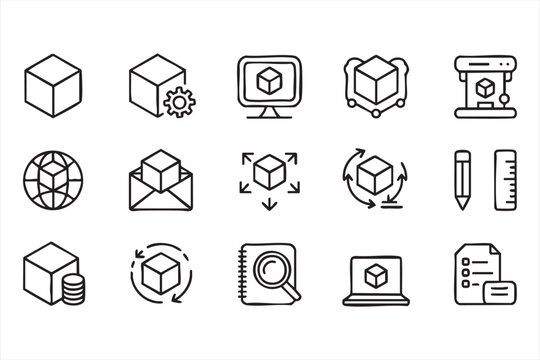 Software development icons with 3d cube modeling rendering and digital design tools