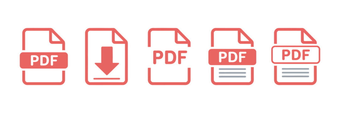 PDF file format icons set, PDF file download symbols with document types for text images vector graphics videos and interactive forms clean vector illustration