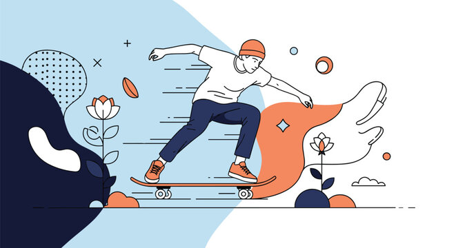 Cool skateboarder performing a trick on his board against an artistic background of flowers, abstract shapes, and dynamic lines.