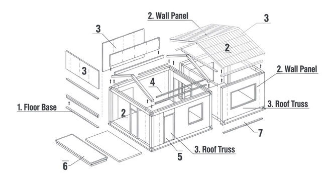 Detailed diagram of a gazebo structure, parts and components, labeled blueprint, vector illustration