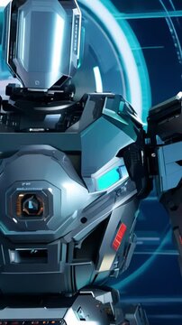 Futuristic combat robot, Hightech reconnaissance android details, Advanced armored android with circular HUD interface, Polished visor and teal lights adorn hightech combat android