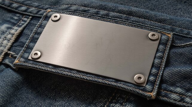 A sleek, unadorned silver plaque firmly fastened onto textured blue jeans material, creating an ideal space for bespoke insignia, unique branding, or custom text