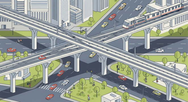 Modern City Transportation Network with Elevated Train Tracks and Roads.