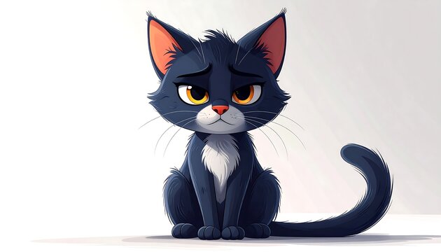 A cartoon cat with black fur, white chest, and a slightly sad look