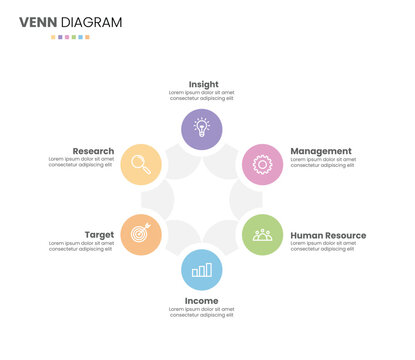 6 step, option, part or process circle wheel venn diagram infographic design