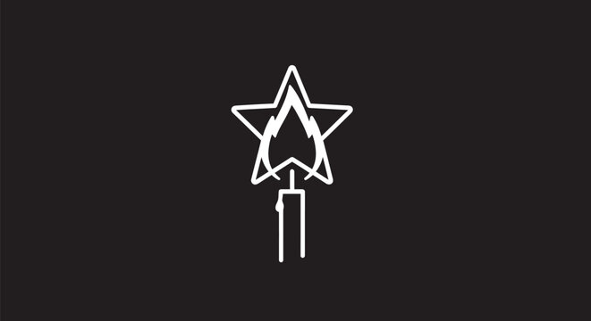 Minimalist white line art icon depicting a burning candle flame inside a five-pointed star shape, representing light, hope, celebration, and guidance on a dark background.