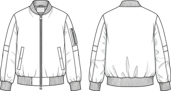 Men&rsquo;s bomber jacket technical flat sketch front and back view with zipper pockets ribbed cuffs hem detailed stitching fashion illustration