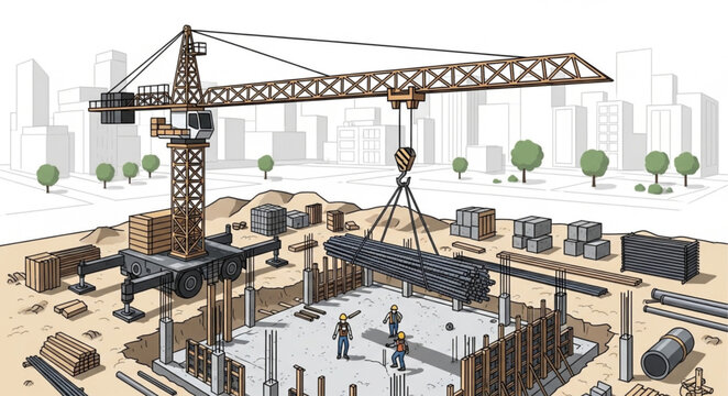 Construction crane lifting steel beams at a building site.