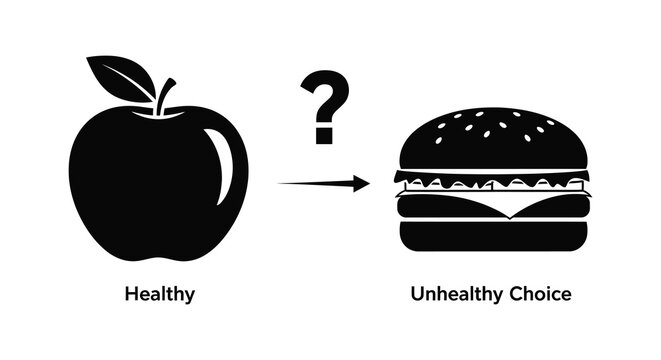 A visual representation of transitioning from healthy fruit to an unhealthy burger silhouette